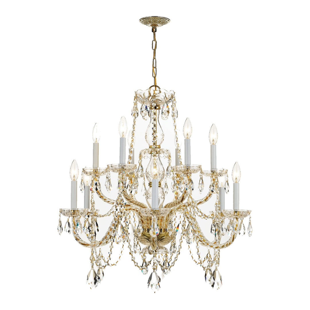 ##Antique Hardware## Traditional Crystal 12 Light Hand Cut Crystal Polished Brass Chandelier