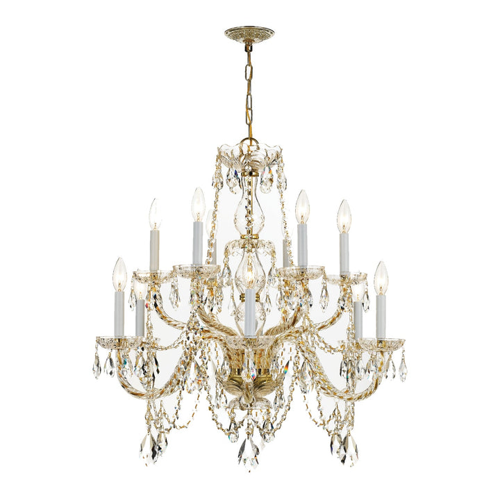 ##Antique Hardware## Traditional Crystal 12 Light Swarovski Strass Crystal Polished Brass Chandelier