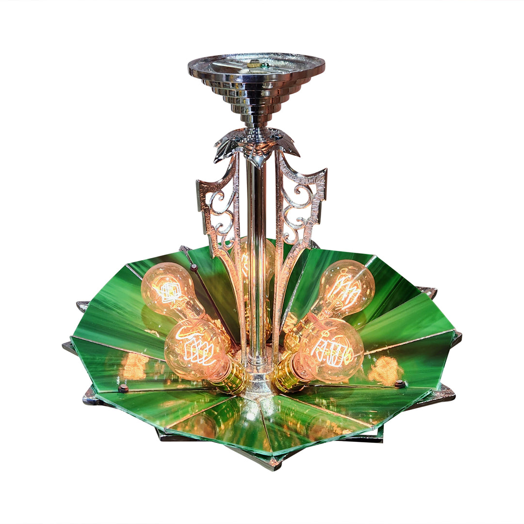 Antique Hardware 17 Inch Classic Art Deco Close Ceiling Light with Deco Green Glass (Polished Chrome Finish) ART DECO LIGHTING