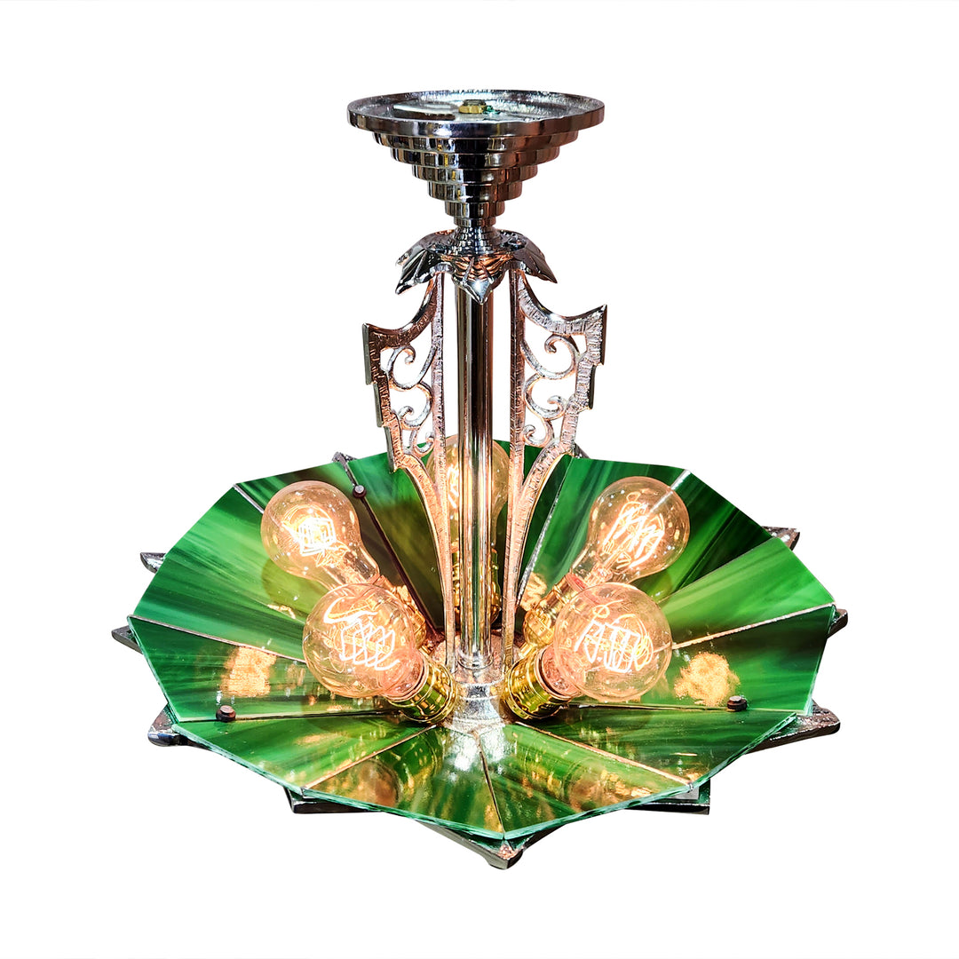Antique Hardware 17 Inch Classic Art Deco Close Ceiling Light with Deco Green Glass (Polished Chrome Finish) ART DECO LIGHTING