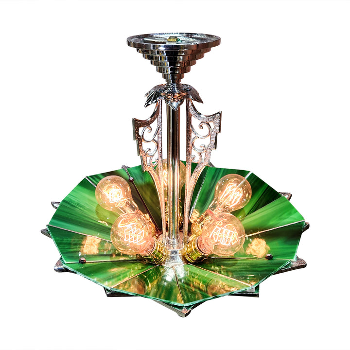 Antique Hardware 17 Inch Classic Art Deco Close Ceiling Light with Deco Green Glass (Polished Chrome Finish) ART DECO LIGHTING
