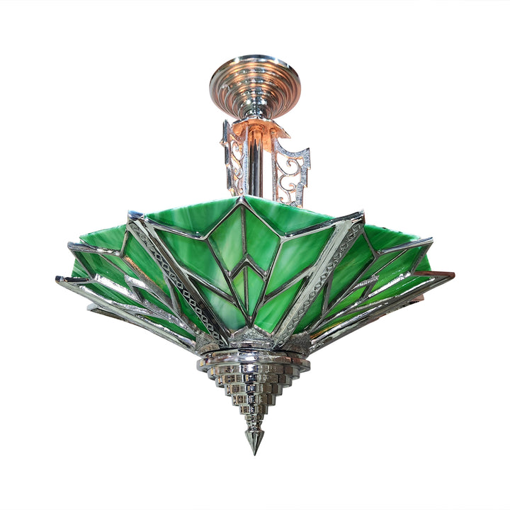 Antique Hardware 17 Inch Classic Art Deco Close Ceiling Light with Deco Green Glass (Polished Chrome Finish) ART DECO LIGHTING