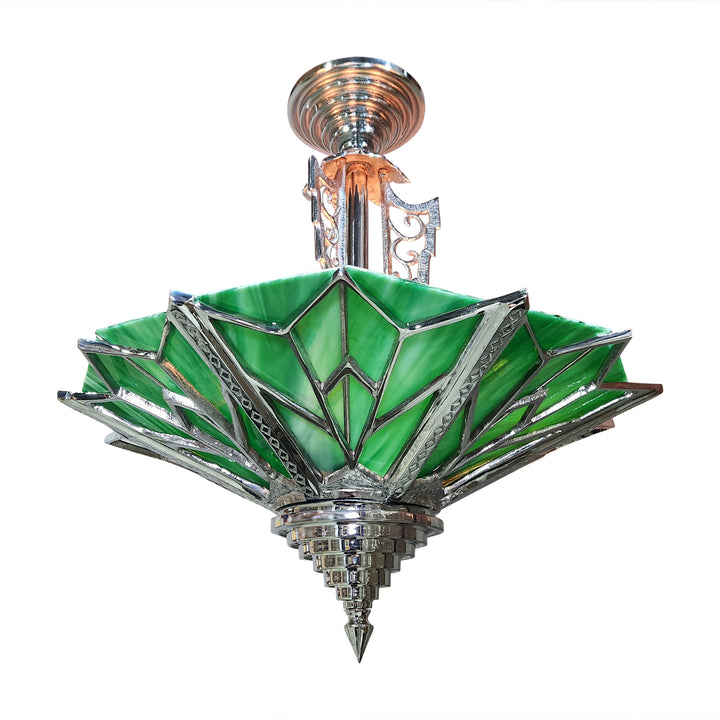 Antique Hardware 17 Inch Classic Art Deco Close Ceiling Light with Deco Green Glass (Polished Chrome Finish) ART DECO LIGHTING