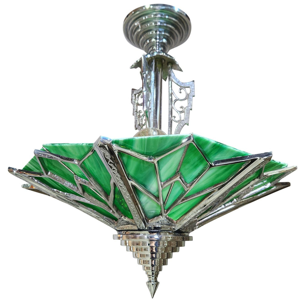 Antique Hardware 17 Inch Classic Art Deco Close Ceiling Light with Deco Green Glass (Polished Chrome Finish) ART DECO LIGHTING