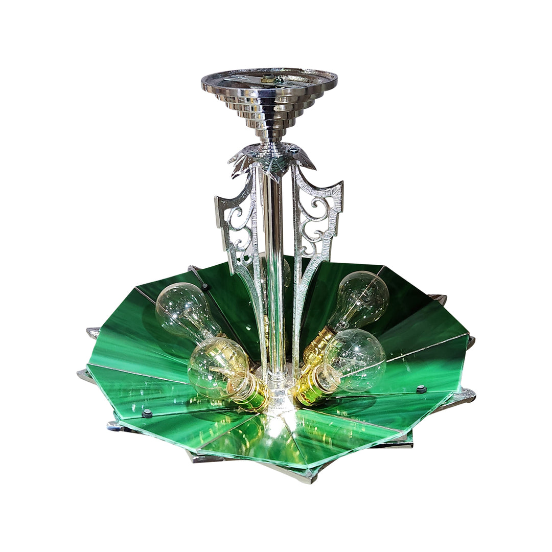 Antique Hardware 17 Inch Classic Art Deco Close Ceiling Light with Deco Green Glass (Polished Chrome Finish) ART DECO LIGHTING