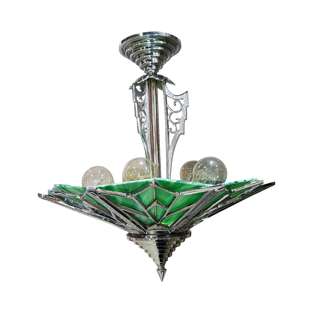Antique Hardware 17 Inch Classic Art Deco Close Ceiling Light with Deco Green Glass (Polished Chrome Finish) ART DECO LIGHTING