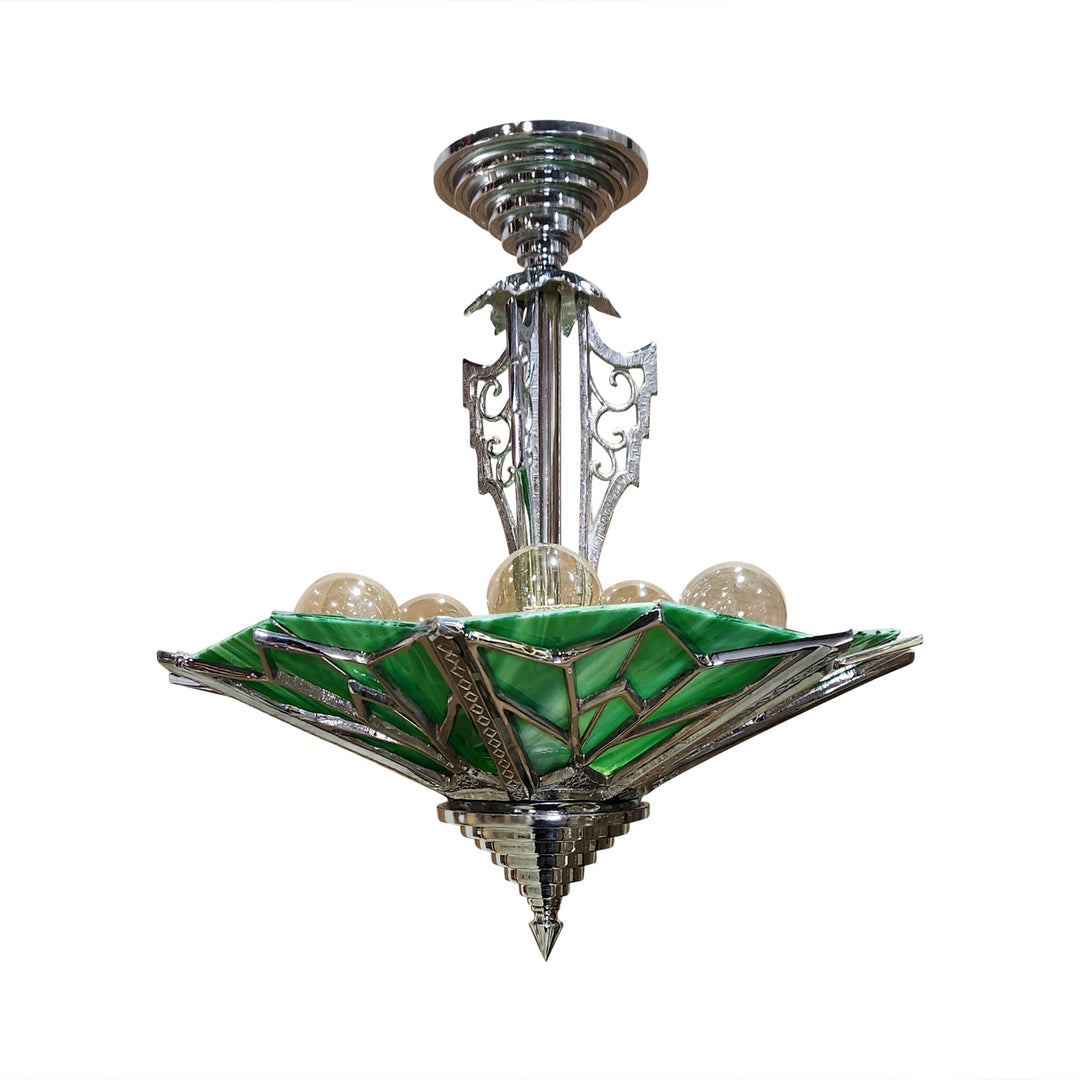 Antique Hardware 17 Inch Classic Art Deco Close Ceiling Light with Deco Green Glass (Polished Chrome Finish) ART DECO LIGHTING