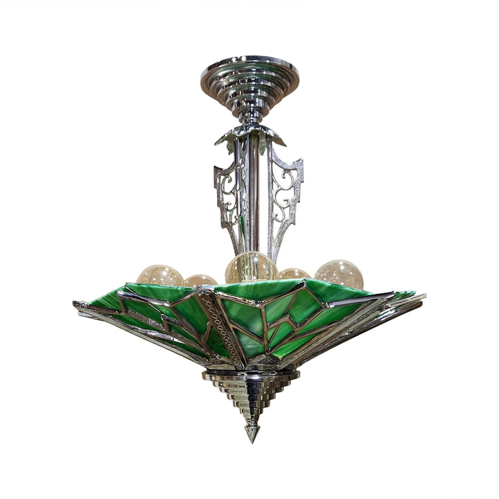 Antique Hardware 17 Inch Classic Art Deco Close Ceiling Light with Deco Green Glass (Polished Chrome Finish) ART DECO LIGHTING