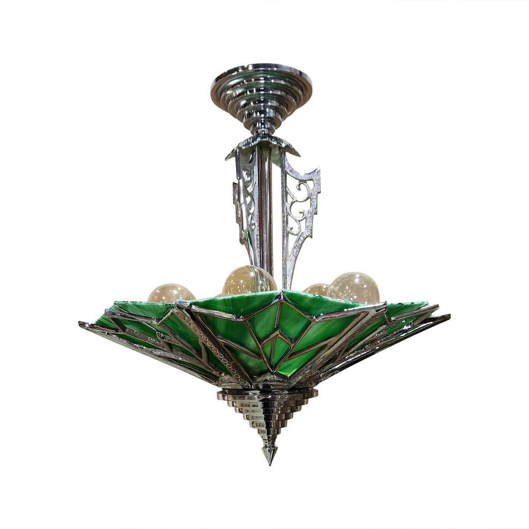 Antique Hardware 17 Inch Classic Art Deco Close Ceiling Light with Deco Green Glass (Polished Chrome Finish) ART DECO LIGHTING