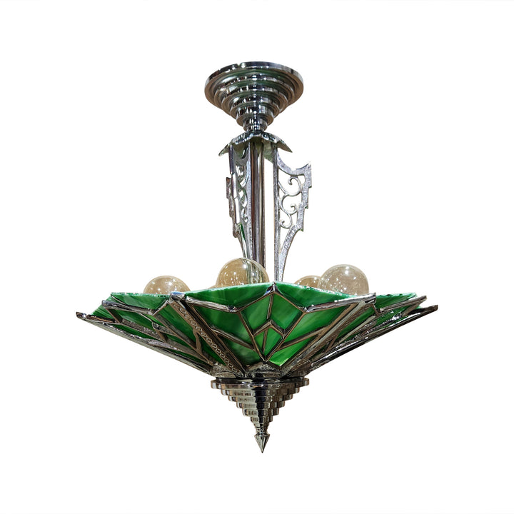 Antique Hardware 17 Inch Classic Art Deco Close Ceiling Light with Deco Green Glass (Polished Chrome Finish) ART DECO LIGHTING