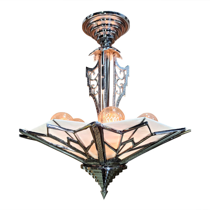 ##Antique Hardware## 17 Inch Classic Art Deco Close Ceiling Light with White Stained Glass (Polished Chrome Finish)