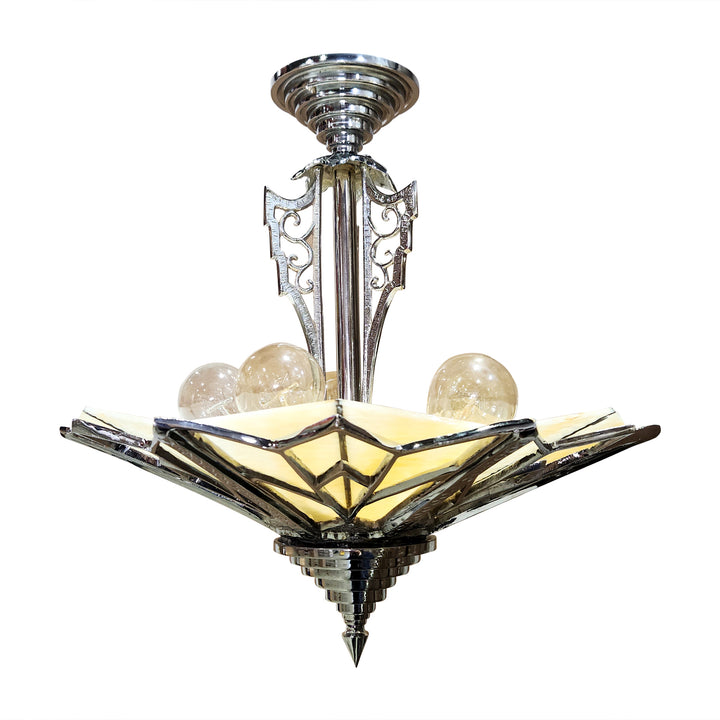 Antique Hardware 17 Inch Classic Art Deco Close Ceiling Light with Amber Glass (Polished Chrome Finish) ART DECO LIGHTING