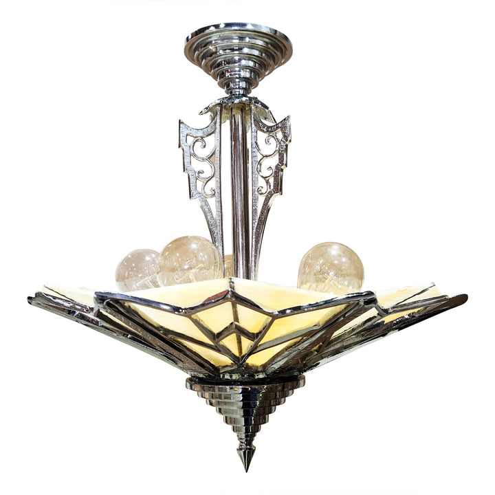Antique Hardware 17 Inch Classic Art Deco Close Ceiling Light with Amber Glass (Polished Chrome Finish) ART DECO LIGHTING