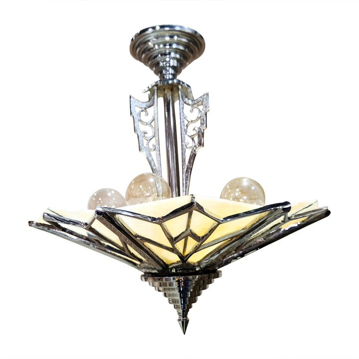 Antique Hardware 17 Inch Classic Art Deco Close Ceiling Light with Amber Glass (Polished Chrome Finish) ART DECO LIGHTING