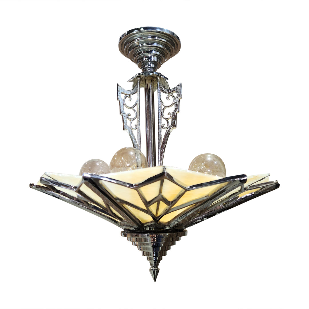 Antique Hardware 17 Inch Classic Art Deco Close Ceiling Light with Amber Glass (Polished Chrome Finish) ART DECO LIGHTING