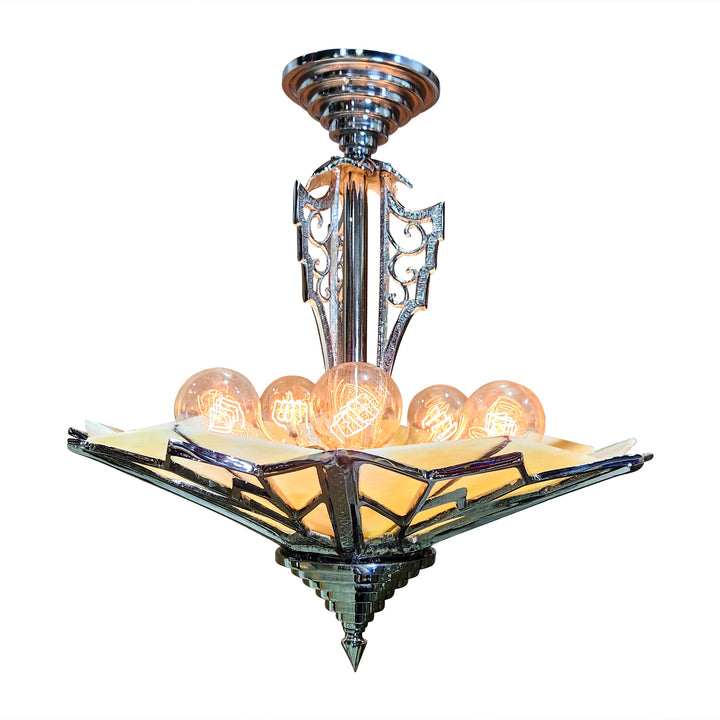Antique Hardware 17 Inch Classic Art Deco Close Ceiling Light with Amber Glass (Polished Chrome Finish) ART DECO LIGHTING