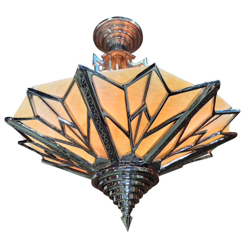 Antique Hardware 17 Inch Classic Art Deco Close Ceiling Light with Amber Glass (Polished Chrome Finish) ART DECO LIGHTING