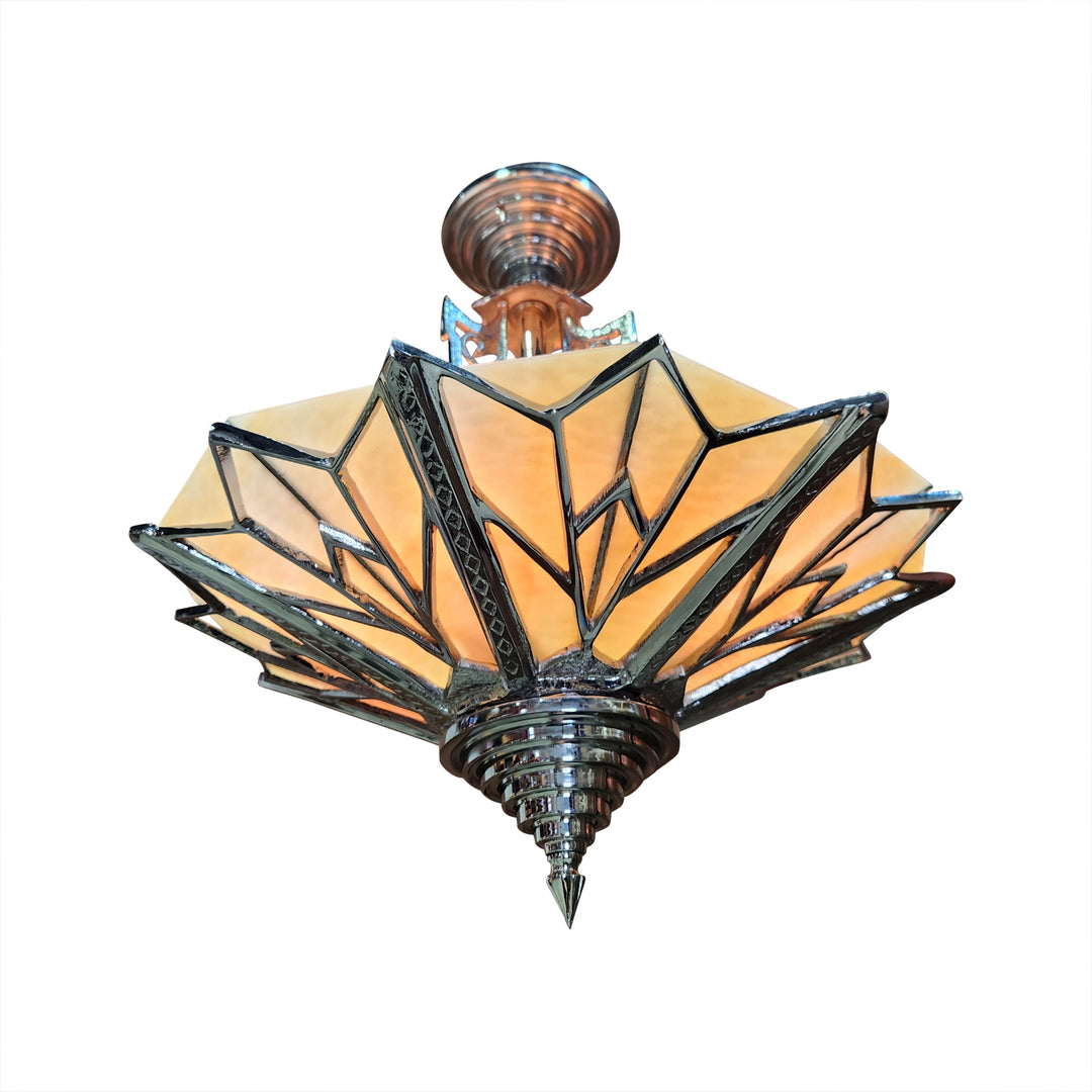 Antique Hardware 17 Inch Classic Art Deco Close Ceiling Light with Amber Glass (Polished Chrome Finish) ART DECO LIGHTING