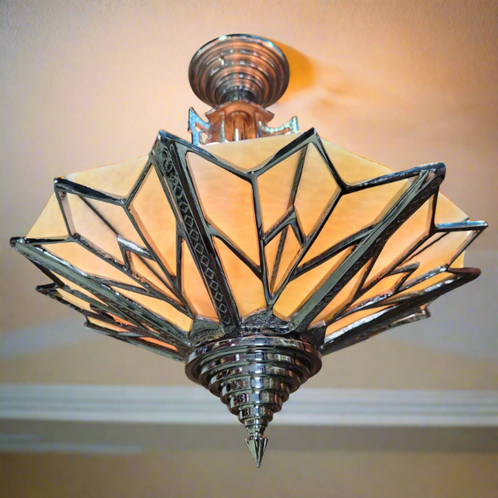 Antique Hardware 17 Inch Classic Art Deco Close Ceiling Light with Amber Glass (Polished Chrome Finish) ART DECO LIGHTING