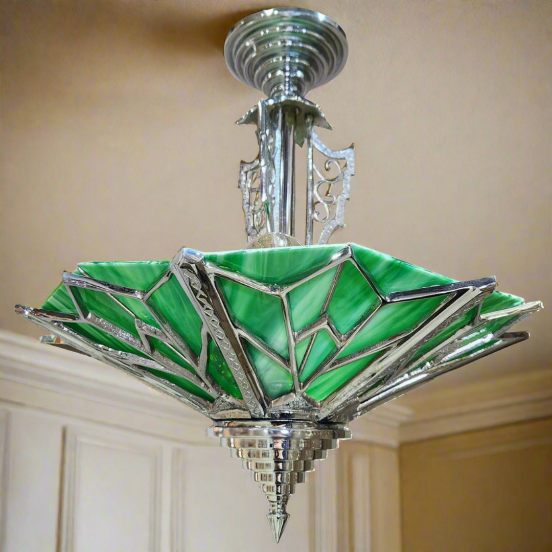 Antique Hardware 17 Inch Classic Art Deco Close Ceiling Light with Deco Green Glass (Polished Chrome Finish) ART DECO LIGHTING