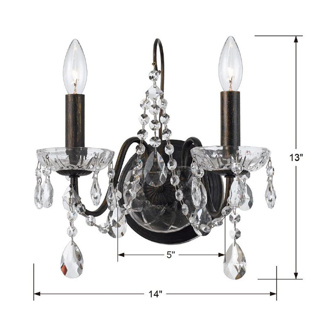 ##Antique Hardware## Butler 2 Light Swarovski Strass Crystal English Bronze Sconce