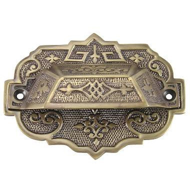 ##Antique Hardware## 4 3/8 Inch Overall (3 1/4 Inch c-c) Solid Brass Eastlake Cup & Bin Pull With Backplate