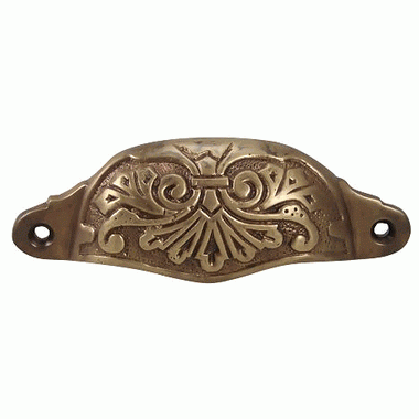 ##Antique Hardware## 4 3/8 Inch Overall (3 3/4 Inch c-c) Solid Brass Ornate Victorian Scroll Cup or Bin Pull