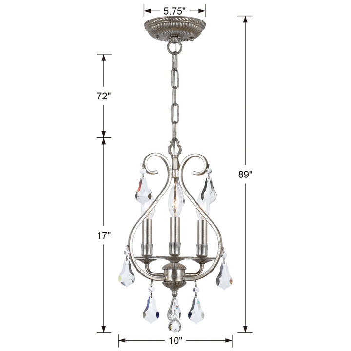 ##Antique Hardware## Ashton 3 Light Swarovski Strass Crystal Olde Silver Mini Chandelier