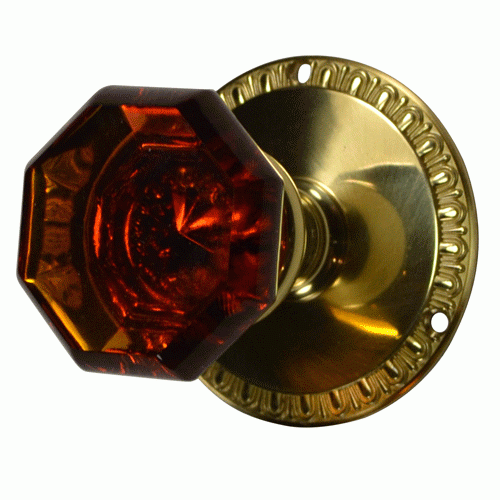 ##Antique Hardware## Traditional Amber Glass Door Knob and Egg & Dart Solid Brass Rosette (Several Finishes Available)