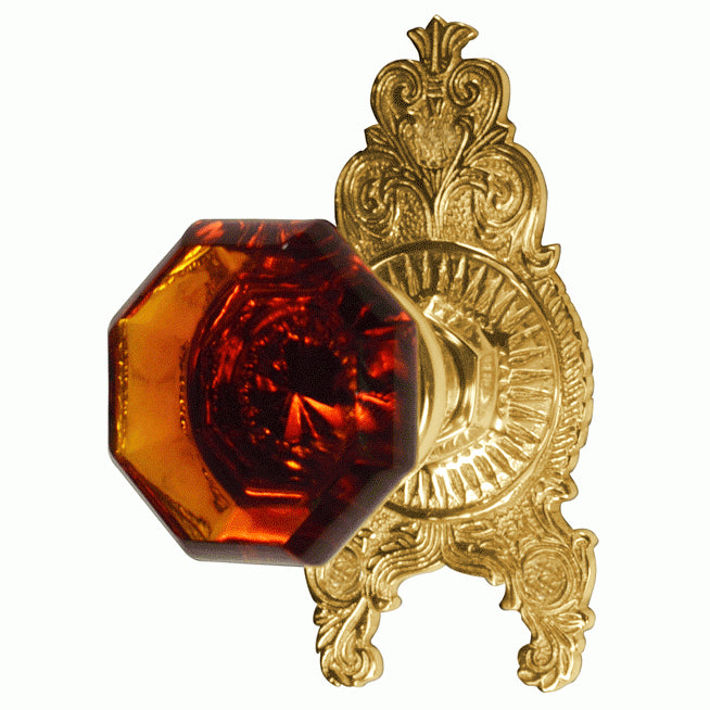 ##Antique Hardware## Ornate Victorian Rosette Door Set with Octagon Amber Glass Door Knobs (Several Finishes Available)