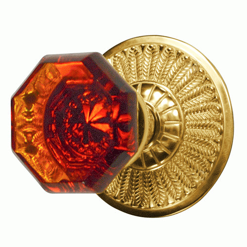 ##Antique Hardware## Feather Rosette Door Set with Amber Octagon Glass Door Knobs (Several Finishes Available)