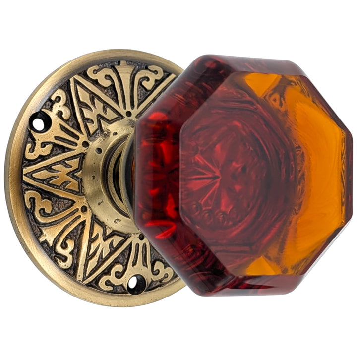 Eastlake Rosette Door Set with Octagon Amber Glass Door Knobs (Several Finishes Available)