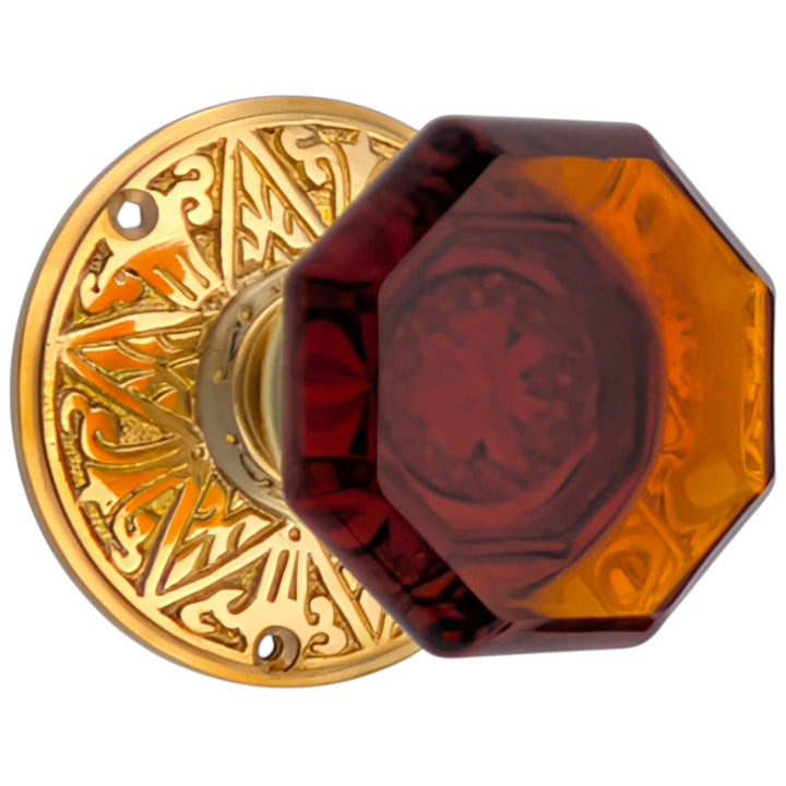 Eastlake Rosette Door Set with Octagon Amber Glass Door Knobs (Several Finishes Available)