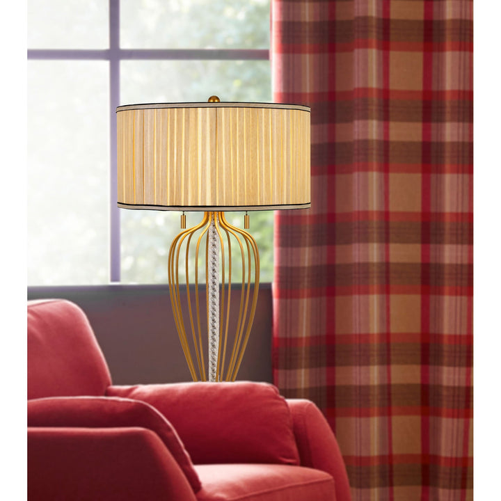##Antique Hardware## LAVAL 60W X 2 METAL TABLE LAMP WITH PLEATED SOFTBACK FABRIC SHADE AND PULL CHAIN SWITCH