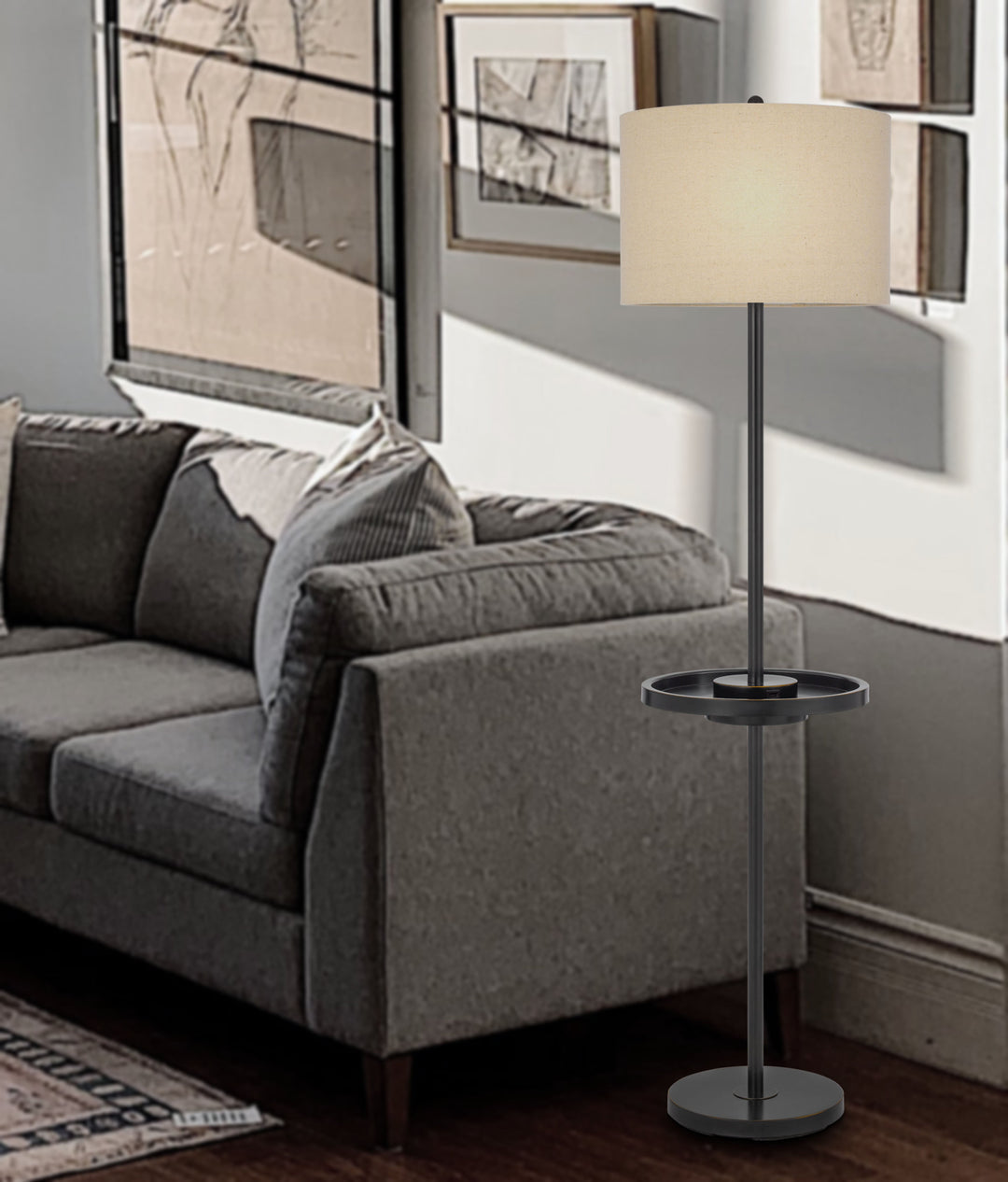 ##Antique Hardware## CROFTON METAL FLOOR LAMP WITH METAL TRAY TABLE AND 2 USB CHARGING PORTS AND A WEIGHT BASE.