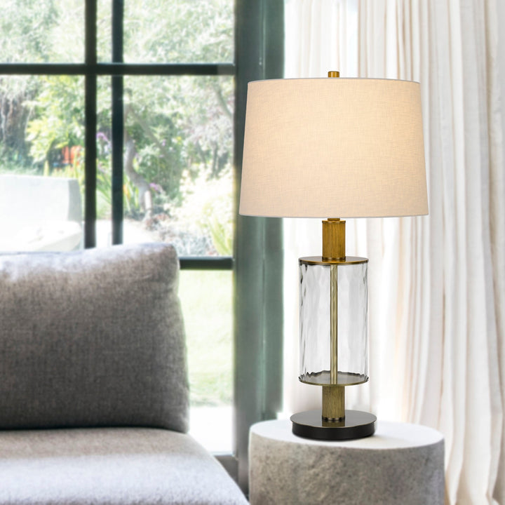 Antique Hardware 150W 3 WAY MORRILTON GLASS TABLE LAMP WITH WOOD POLE AND HARDBACK TAPER DRUM FABRIC SHADE Table Lamp