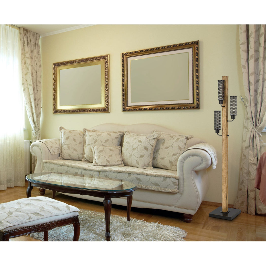 ##Antique Hardware## 60W X 3 LENOX LANTERN STYLE RUBBER WOOD / METAL FLOOR LAMP WITH MESH METAL SHADES