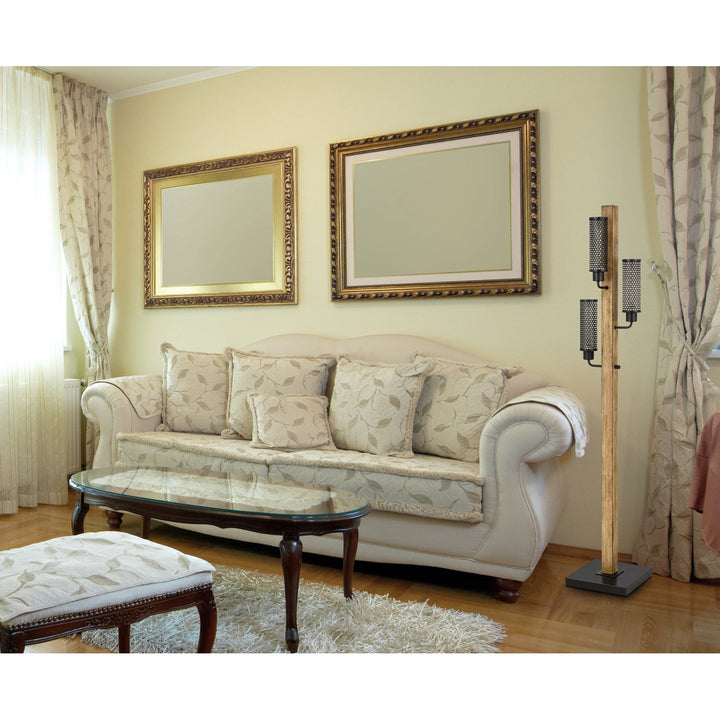 ##Antique Hardware## 60W X 3 LENOX LANTERN STYLE RUBBER WOOD / METAL FLOOR LAMP WITH MESH METAL SHADES