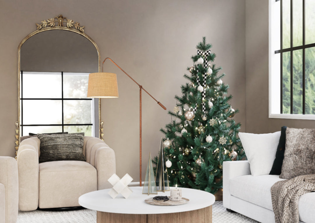 ##Antique Hardware## FISHING ROD ADJUSTABLE METAL FLOOR LAMP WITH BURLAP SHADE