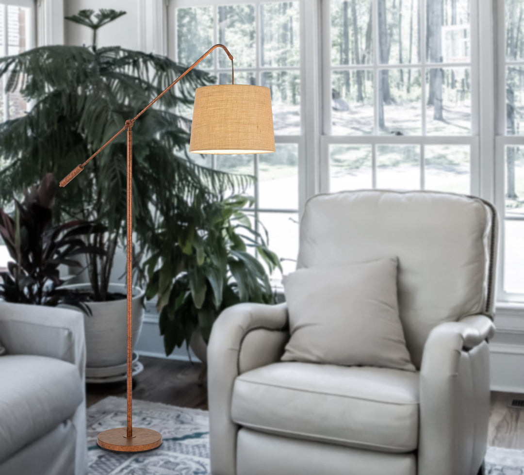 ##Antique Hardware## FISHING ROD ADJUSTABLE METAL FLOOR LAMP WITH BURLAP SHADE