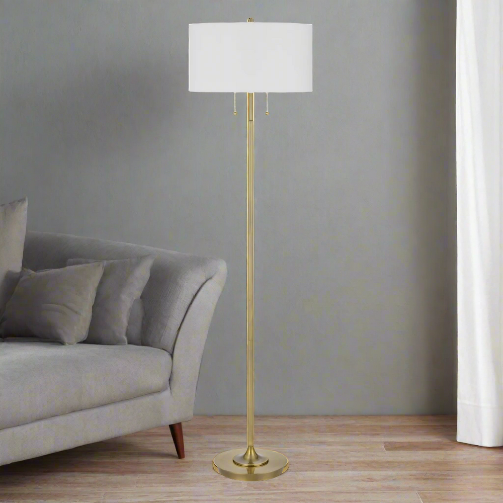 ##Antique Hardware## KENDAL METAL FLOOR LAMP WITH PULL CHAIN SWITCH, DRUM FABRIC SHADE