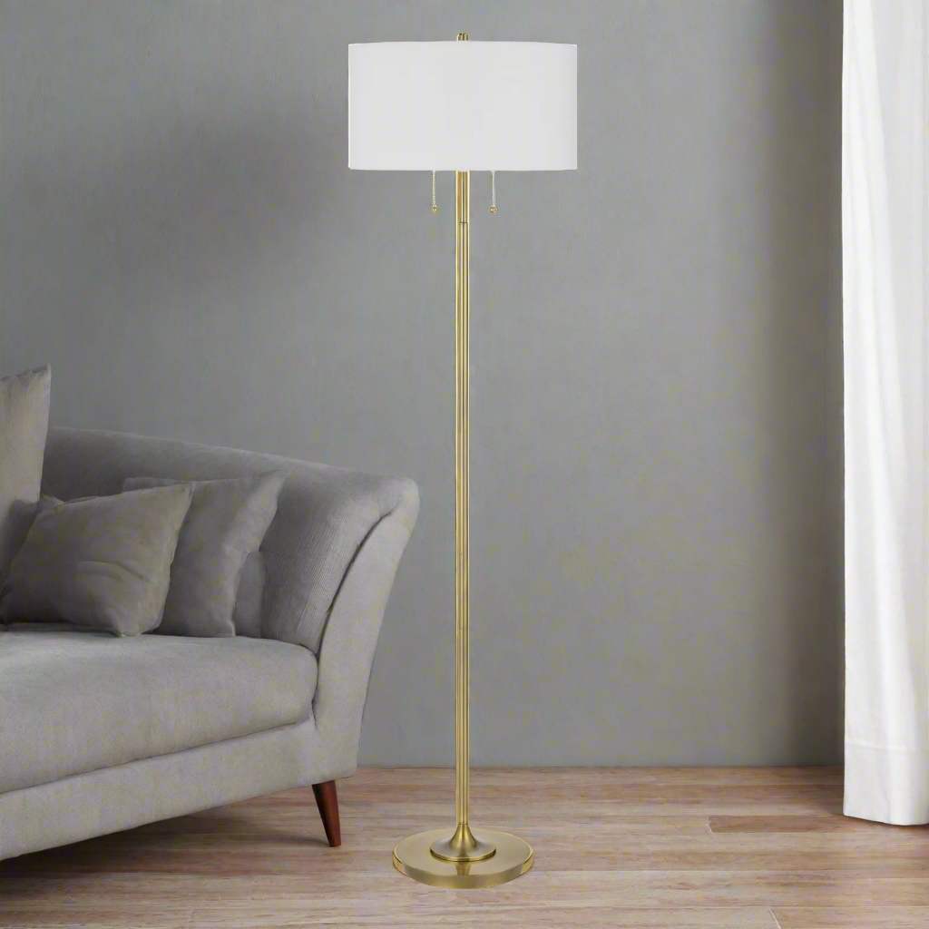 ##Antique Hardware## KENDAL METAL FLOOR LAMP WITH PULL CHAIN SWITCH, DRUM FABRIC SHADE