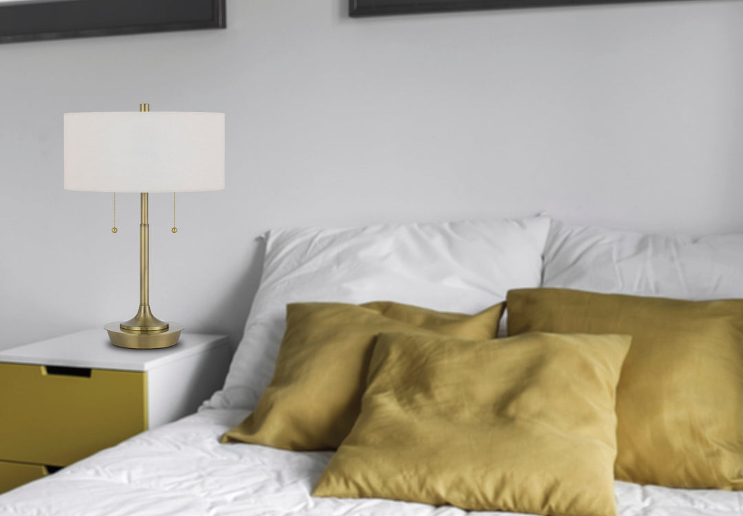 ##Antique Hardware## KENDAL METAL TABLE LAMP WITH PULL CHAIN SWITCH, DRUM FABRIC SHADE