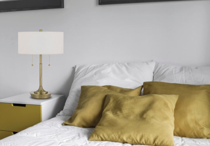 ##Antique Hardware## KENDAL METAL TABLE LAMP WITH PULL CHAIN SWITCH, DRUM FABRIC SHADE