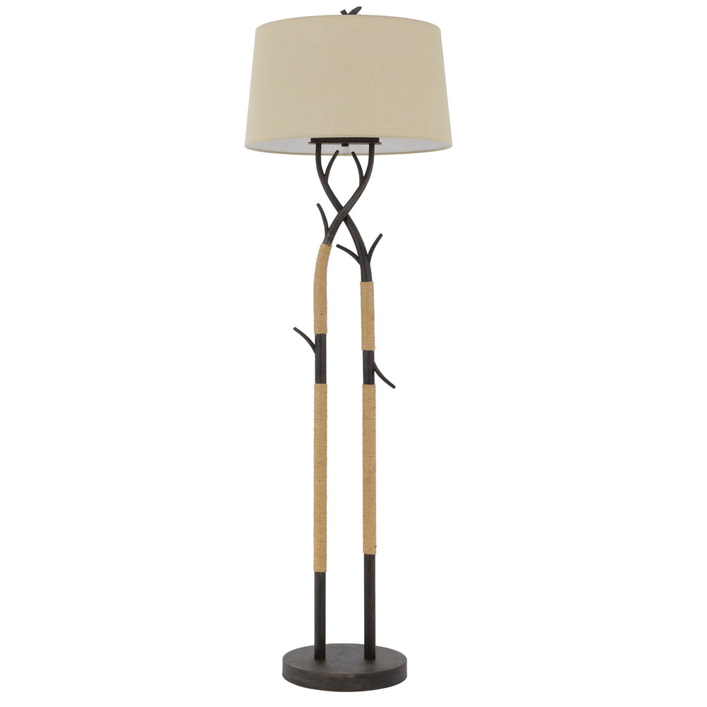 ##Antique Hardware## PECOS METAL TREE BRANCH FLOOR LAMP WITH WRAPPED ROPES , LINEN SHADE