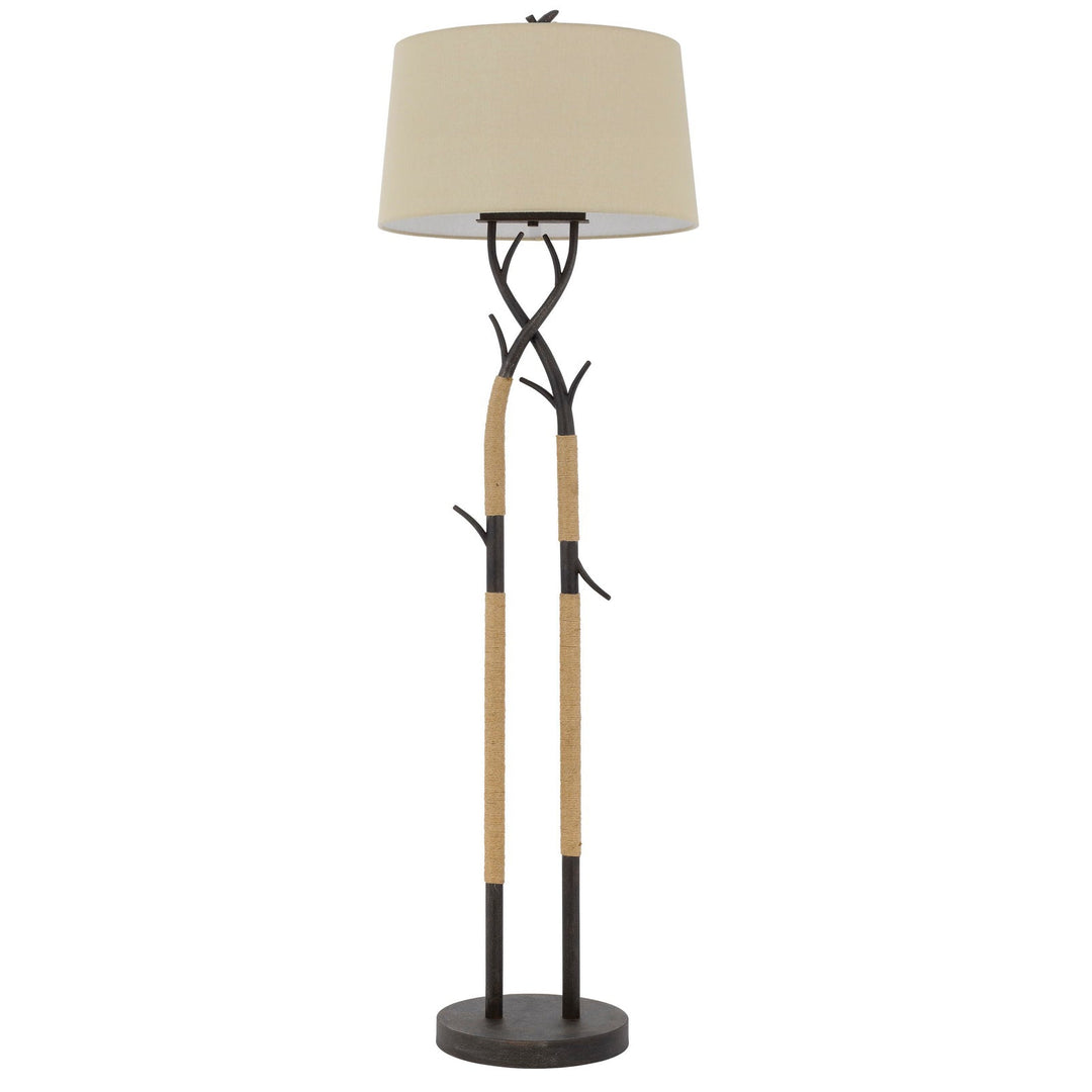 ##Antique Hardware## PECOS METAL TREE BRANCH FLOOR LAMP WITH WRAPPED ROPES , LINEN SHADE