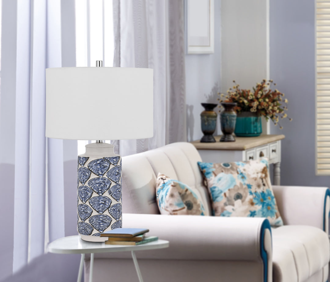 ##Antique Hardware## CAMBIAGO CERAMIC TABLE LAMP WITH SEASHELL DESIGN AND LINEN DRUM SHADE