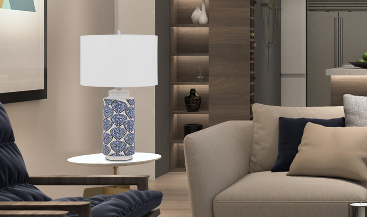 ##Antique Hardware## CAMBIAGO CERAMIC TABLE LAMP WITH SEASHELL DESIGN AND LINEN DRUM SHADE