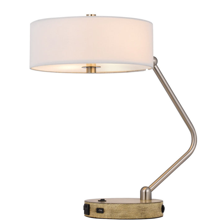 Antique Hardware 60W X 2 MARCOS METAL DESK LAMP WITH DRUM FABRIC SHADE AND 1 USB AND 1 TYPE C USB CHARGING PORT WITH RUBBER WOOD BASE Table Lamp