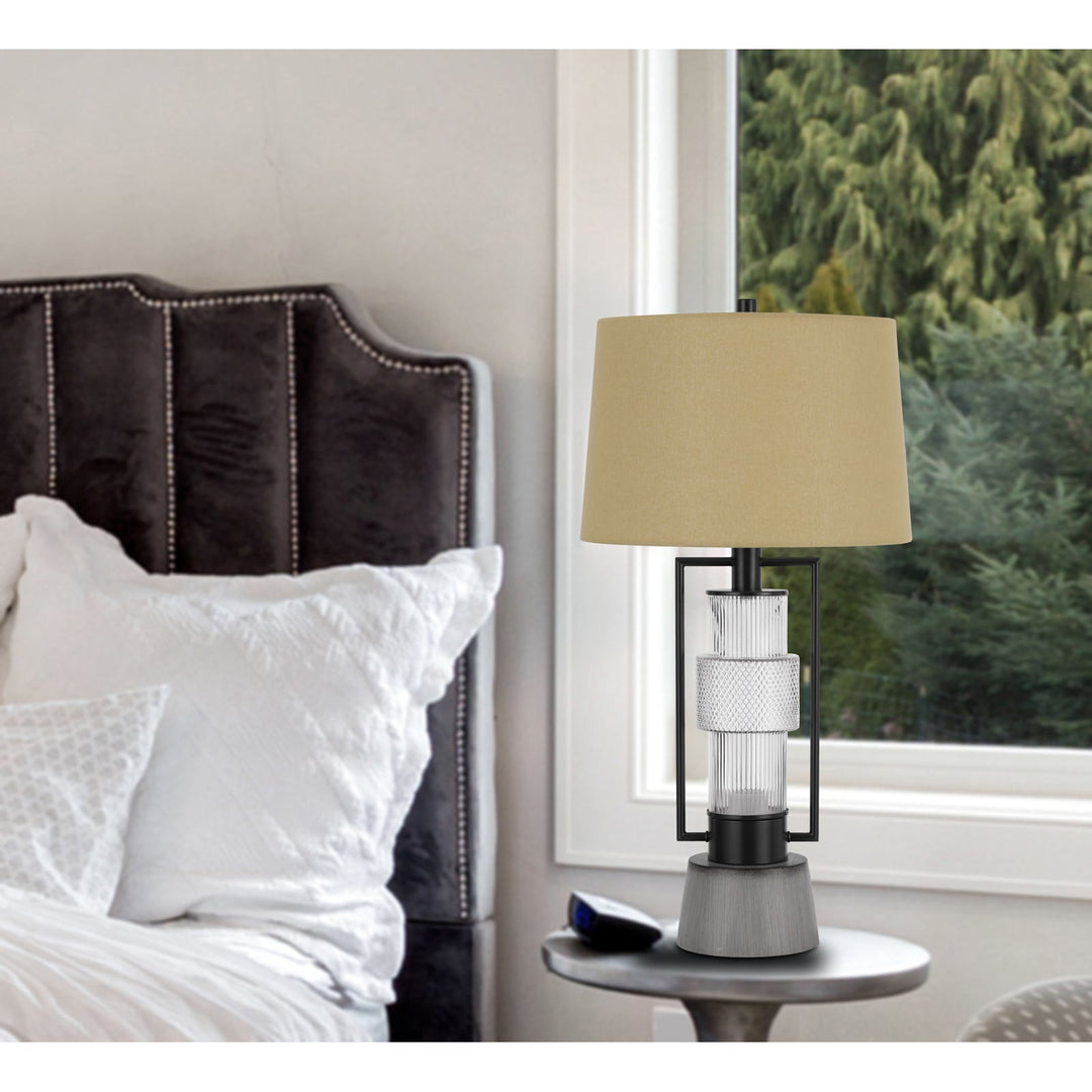 ##Antique Hardware## VALLDA 100W 3 WAY TABLE LAMP WITH 2W LED NIGHT LIGHT WITH METAL/GLASS BODY AND CEMENT BASE AND FINE BURLAP DRUM SHADE